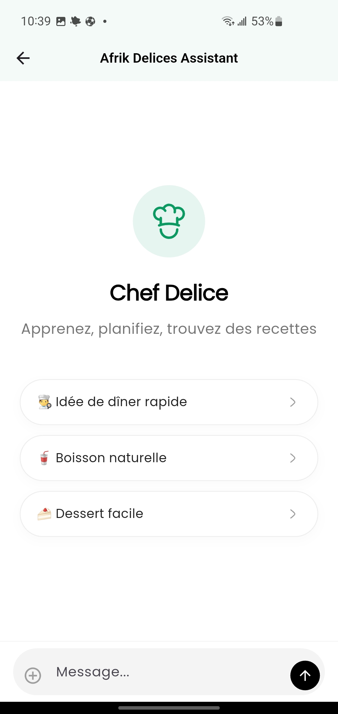 Interface de l'Assistant IA Afrik Delices suggérant des recettes
